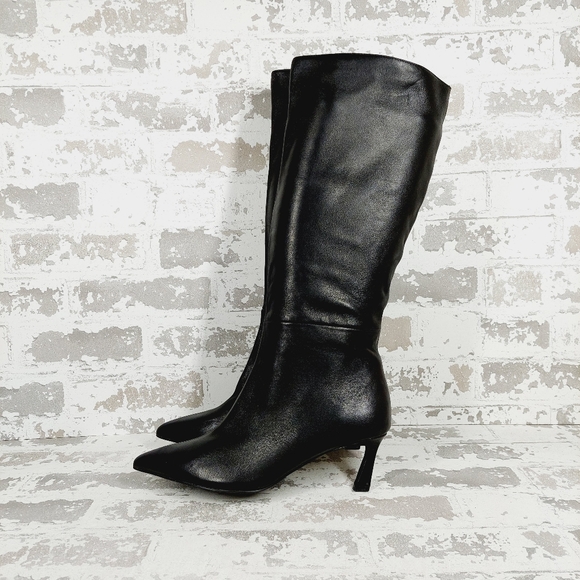 New Steve Madden Lavan Black Leather Pointy Toe Long boots C968